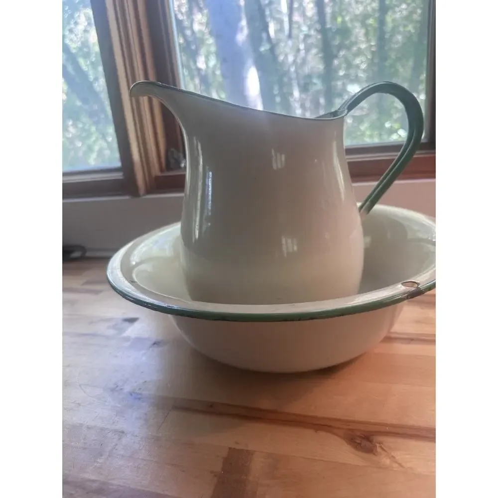 Vintage Enamelware Pitcher and Basin Wash Set Cream Green Rim Farmhouse Antique